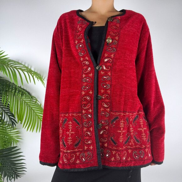 Vintage 90s Red Paisley Embroidered Fairy Grunge Bohemian Oversized Jacket / M - Picture 6 of 7